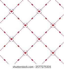 An elegant seamless pattern featuring interconnected diamond shapes with intricate red heart motifs at each corner. The design's delicate detailing and clean white background