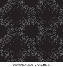 Elegante padrão sem emenda com intrincados pergaminhos de arte de linha de prata e filigrana gótica em um fundo preto, ideal para papel de parede de luxo, têxteis e papel digital sofisticado.