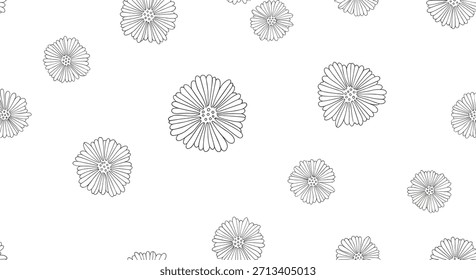 Elegant seamless pattern featuring intricately detailed outline daisy-like flowers, creating a delicate and beautiful botanical design.