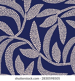 Elegant seamless pattern featuring large leaf silhouettes filled with a delicate beige dotted stippling texture over a dark navy blue background. Modern organic vector illustration for high-end textiles and wallpaper.