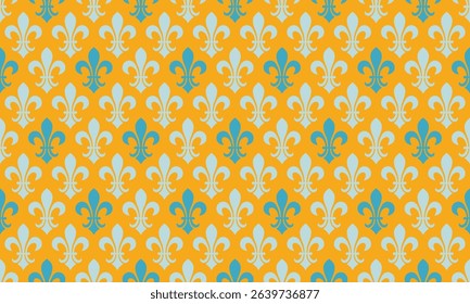 Elegant seamless pattern featuring light blue and teal fleurdelis on a vibrant yellow background.