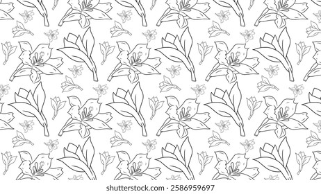 Elegant seamless pattern featuring line art drawings of lily flowers arranged in a harmonious layout. Perfect for use as a background, textile design, or decorative purposes.