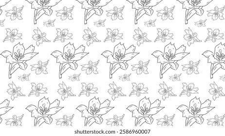 Elegant seamless pattern featuring line art drawings of lily flowers arranged in a harmonious layout. Perfect for use as a background, textile design, or decorative purposes.