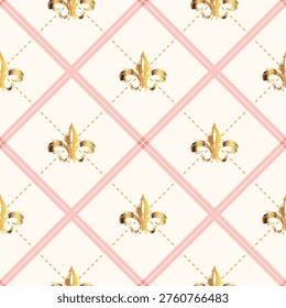 Elegant seamless pattern featuring luxurious golden fleur-de-lis motifs arranged within a soft geometric lattice. The design combines delicate blush pink diagonal lines with subtle dotted accents, creating a sophisticated diamond grid over a light neutral background. The metallic gold texture adds a touch of glamour and refinement, making this pattern perfect for fashion prints, textile design, packaging, wallpapers, branding, and feminine luxury products. Its timeless ornamental style blends classic elegance with modern softness, ideal for both digital and print applications.