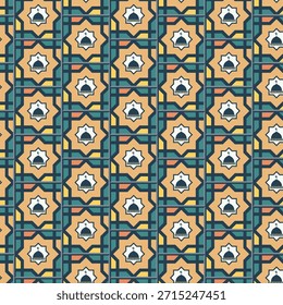 Elegante patrón sin fisuras con cúpulas de mezquita y estrellas de ocho puntas en un estilo geométrico retro islámico. Ideal para el Ramadán, saludos de Eid Mubarak y trasfondos religiosos