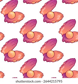 Elegant seamless pattern featuring open seashells with pearls. A luxurious marine-themed design ideal for summer prints, packaging, textile, wallpaper, and stationery. High-quality repeating backgroun