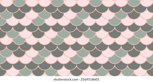 Elegant seamless pattern featuring pastel pink, sage green, and grey scales. Ideal for textile prints, wallpapers, website backgrounds, and packaging design.