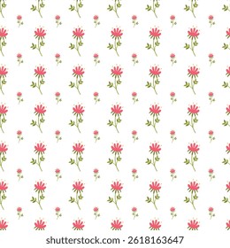 Elegant seamless pattern featuring pink flowers with green leaves on a bright white background, perfect for decorative designs, textiles, stationery, and digital projects with a nature-inspired.