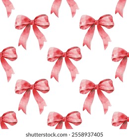 Elegant seamless pattern featuring red bows on a white background, perfect for festive decorations, gift wrapping, and holiday designs. Adds a touch of luxury and sophistication to any project.