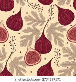 Elegant seamless pattern featuring ripe burgundy figs, sliced fig fruit, delicate botanical leaves, and berry branches on a warm beige background. Perfect for autumn designs, luxury packaging, kitchen decor, fabric prints, wallpaper, wrapping paper, stationery, and organic gourmet branding. High quality repeating textile background.