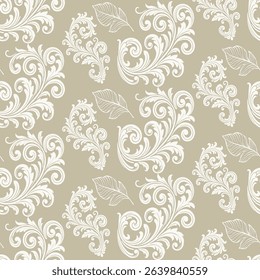 Elegant seamless pattern featuring silver leaves and floral swirls on a beige background. Perfect for vintage, decorative, and classical design themes.