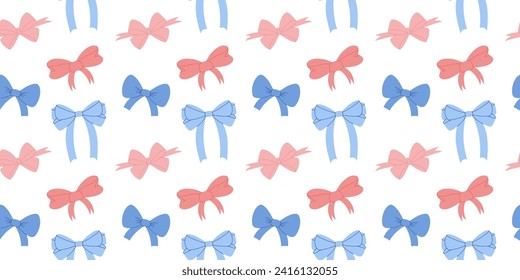 Elegant Seamless Pattern Featuring Simple Pink And Blue Ribbon Bows for Fashion Textile or Wallpaper Background. Vector Illustration for a Baby reveal Party Design.