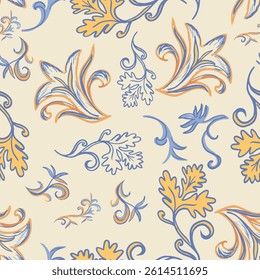 Elegant seamless pattern featuring stylized botanical swirls and floral motifs in pastel blue and orange on a cream background