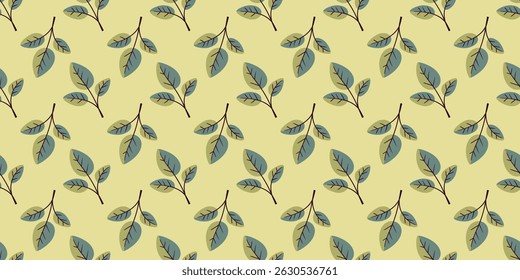 Elegant seamless pattern featuring stylized teal leaves on a pale yellow background.  Perfect for textile design, wallpaper, or website backgrounds.  Evokes nature, freshness, and a calming aesthetic.