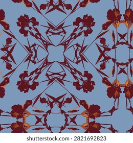 Elegant seamless pattern featuring symmetric dark burgundy iris silhouettes with orange accents on a muted blue backdrop for print design.