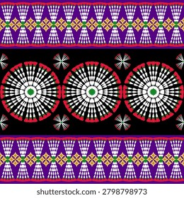 Elegant seamless pattern featuring traditional Thai jasmine flower garland (Malai) mandalas, interspersed with delicate floral accent cross motifs on a black and purple background. Perfect for cultural fabrics, festive banners, and luxury wallpaper decoration.