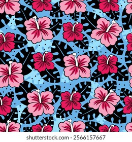 Elegant seamless pattern featuring tropical pink flowers with blue and black leaves on a blue background, perfect for summer designs