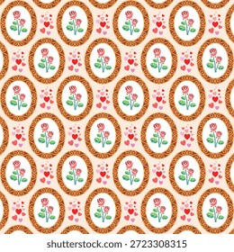 Elegante patrón sin fisuras con marcos ovales vintage con rosas dibujadas a mano y acentos de corazón. Fondo floral romántico ideal para Fondo de pantalla, tela, papel de regalo y diseños de San Valentín
