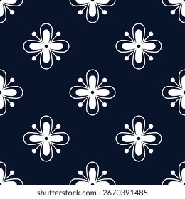 Elegante padrão sem emenda apresentando elementos florais brancos em um fundo azul profundo. Este design é perfeito para várias aplicações, desde têxteis até arte digital