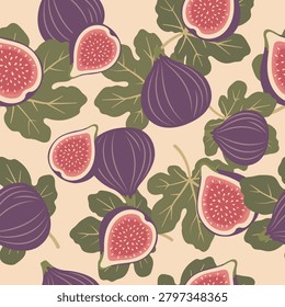 Elegant seamless pattern featuring whole and sliced figs with green fig leaves on a warm beige background. Hand-drawn flat vector illustration suitable for packaging, textile prints, wrapping paper, kitchen decor, stationery, fabric, wallpaper and organic food branding.