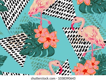 Elegant seamless pattern with flamingo, plumeria and monstera, design elements. Floral tropical pattern for invitations, cards, print, gift wrap, manufacturing, textile, fabric, wallpapers