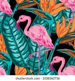 Elegant seamless pattern with flamingo and strelitzia flowers, design elements. Floral tropical pattern for invitations, cards, print, gift wrap, manufacturing, textile, fabric, wallpapers