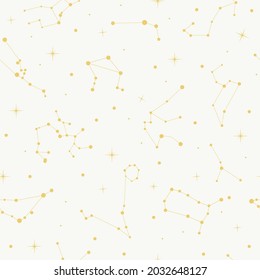 Elegant seamless pattern with flat light gold astrology zodiac constellations with stars on white background. Repeating texture for textile, print, design, background. Vector illustration EPS 10