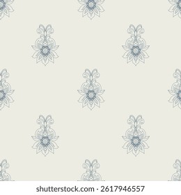 Elegante padrão sem emenda com design floral. Ornamento com padrão linear em cinza claro no fundo creme bege. Elemento floral em estilo barroco.