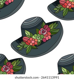 Elegant seamless pattern with floral hat, design elements. Summer pattern for invitations, cards, print, gift wrap, manufacturing, textile, fabric, wallpapers