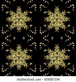 Elegant seamless pattern with floral and Mandala elements. Nice hand-drawn illustration. Black background. Golden elements.