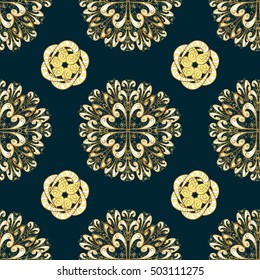 Elegant seamless pattern with floral and Mandala elements. Nice hand-drawn illustration. Dark blue background. Golden elements.