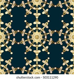 Elegant seamless pattern with floral and Mandala elements. Nice hand-drawn illustration. Dark blue background. Golden elements.