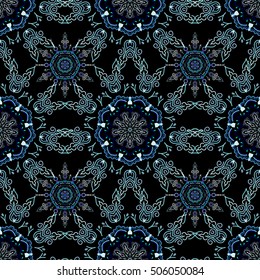 Elegant seamless pattern with floral and Mandala elements. Nice blue hand-drawn seamless vector illustration.