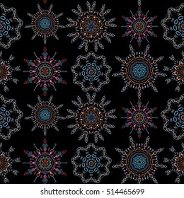 Elegant seamless pattern with floral and Mandala elements. Nice neutral, blue and brown hand-drawn seamless vector illustration.