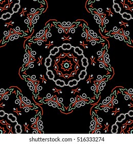 Elegant seamless pattern with floral and Mandala elements. Nice gray, orange and neutral hand-drawn seamless vector illustration.