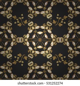 Elegant seamless pattern with floral and Mandala elements. Nice hand-drawn illustration. Black background. Golden elements.