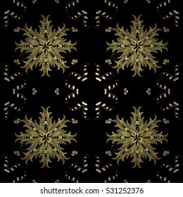 Elegant seamless pattern with floral and Mandala elements. Nice hand-drawn illustration. Black background. Golden elements.