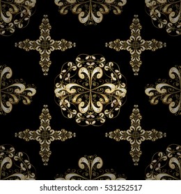 Elegant seamless pattern with floral and Mandala elements. Nice hand-drawn illustration. Black background. Golden elements.