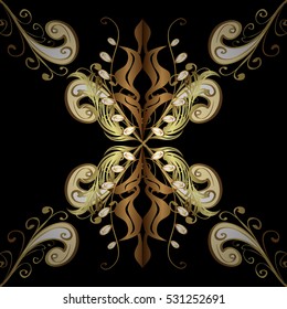 Elegant seamless pattern with floral and Mandala elements. Nice hand-drawn illustration. Black background. Golden elements.