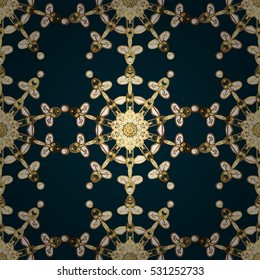Elegant seamless pattern with floral and Mandala elements. Nice hand-drawn illustration. Dark blue background. Golden elements.