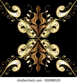 Elegant seamless pattern with floral. Nice hand-drawn illustration. Black background. Golden elements. red, ginger, rufous, carroty, foxy, Judas-colored