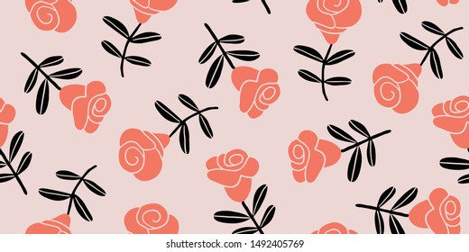 Elegant seamless pattern with flower branches of roses. Scandinavian style vector background. Great for fabric, textile, wallpaper. Scandinavian design. Kids pattern - Vector