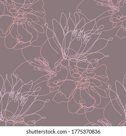 Elegantes, nahtloses Muster mit Blumen, Designelementen. Blumenmuster für Einladungen, Karten, Druck, Geschenkverpackung, Herstellung, Textilien, Gewebe, Wallpaper. Kunststil mit kontinuierlicher Linie