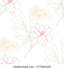 Diseño elegante y sin fisuras con flores y elementos de diseño. Patrón floral para invitaciones, tarjetas, impresiones, envoltura de regalo, manufactura, textiles, tela, papel pintado. Estilo de arte de línea continuo