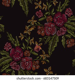 Elegant seamless pattern with flowers, embroidery style. Editable colors