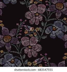 Elegant seamless pattern with flowers, embroidery style. Editable colors