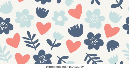 Elegant seamless pattern with flowers and hearts. Scandinavian minimalism style vector background in pastel colors. Great for fabric, wallpaper. Scandinavian design. Kids pattern. Flowers wallpaper