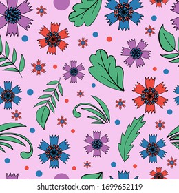 Elegantes, nahtloses Muster mit Blumen und Blättern. Blumenmuster für Stoff und Drucke. Vektorillustration nahtloses Muster auf rosafarbenem Hintergrund, Textur-Design. 