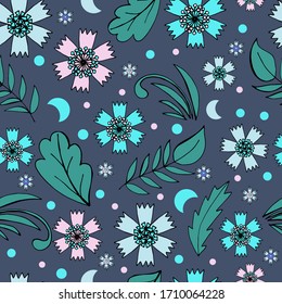 Elegante patrón impecable con flores y hojas. Diseño floral para tejidos e impresiones. Diseño de textura, diseño de fondo azul, vector sin fisuras. 