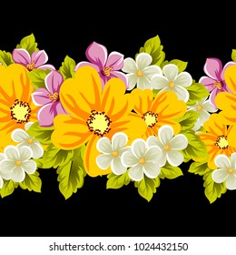 Elegant seamless pattern of flowers on a black background. For the design of cards, invitations, greeting cards, fabrics, banners. For birthday, wedding, Valentine's day, holiday. Vector illustration